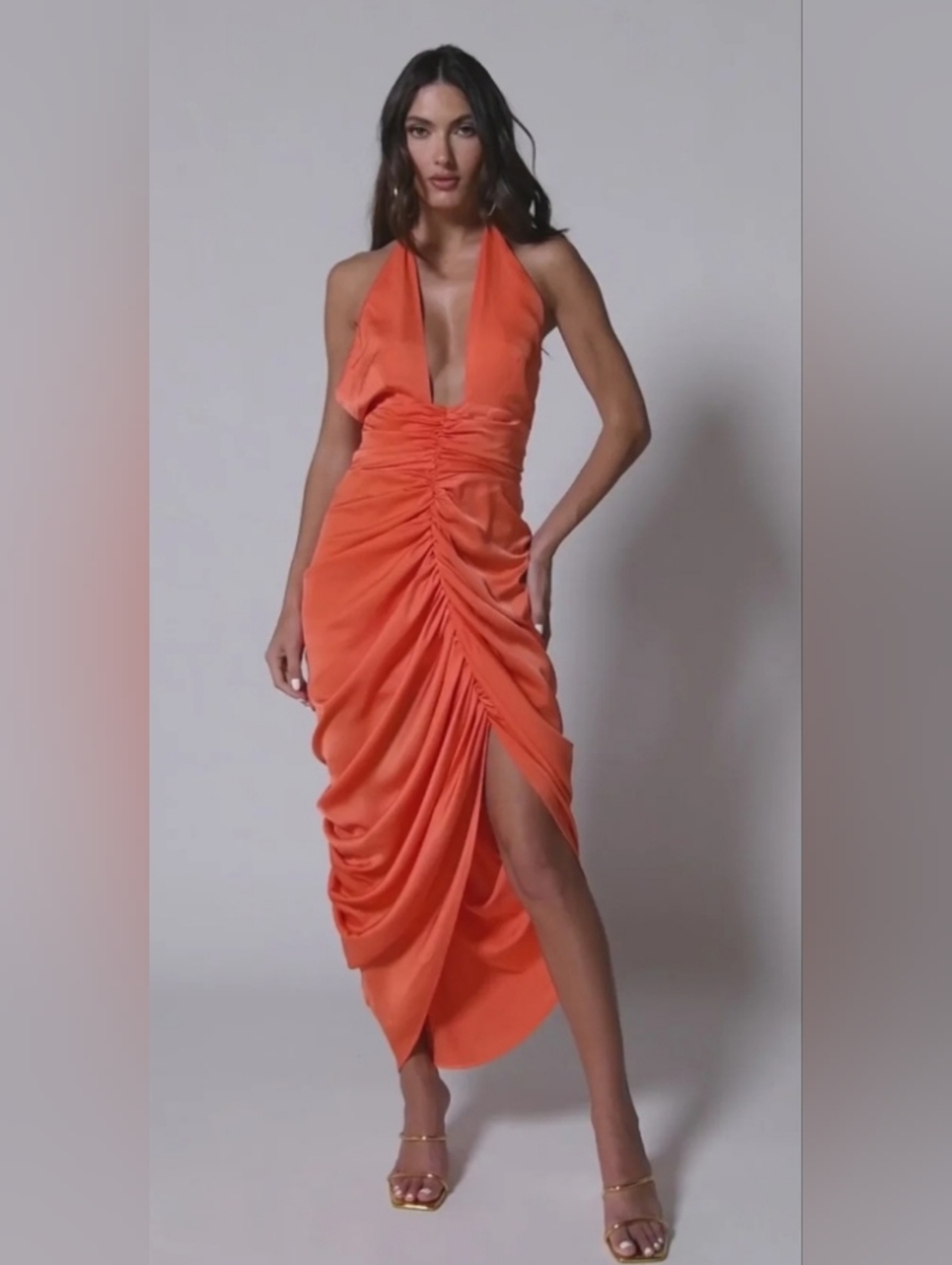 AKIRA Orange Ruched Midi Dress